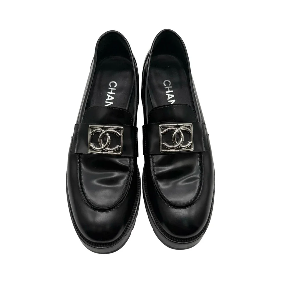 CHANEL Calfskin Metal CC Loafers Black Women's Size 38.5